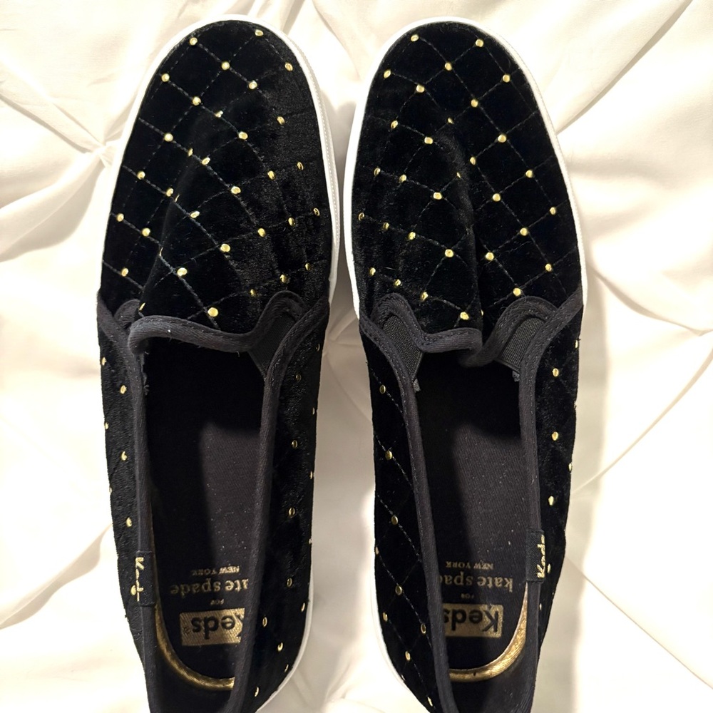 Keds x Kate Spade Double Decker Quilted Black Velvet Gold Stud Slip on Sneakers